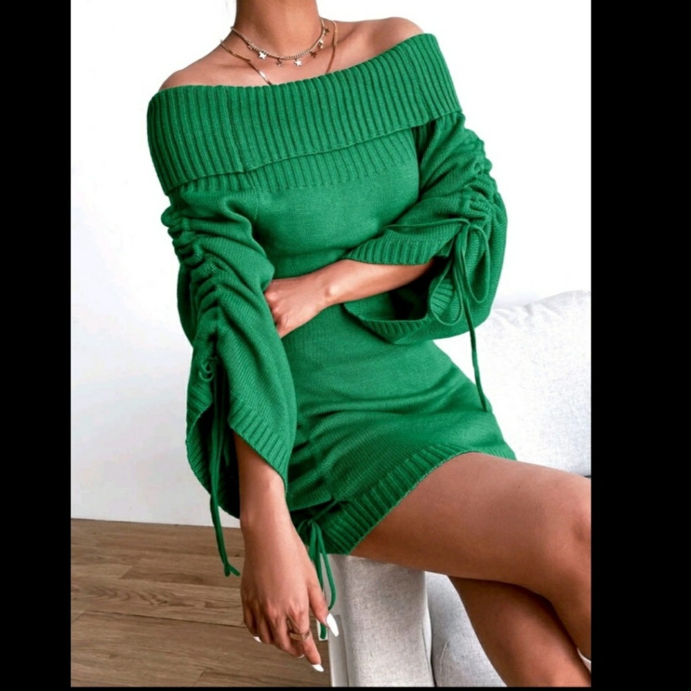 Off Shoulder Drawstring Ruched Sweater Dress - image 4